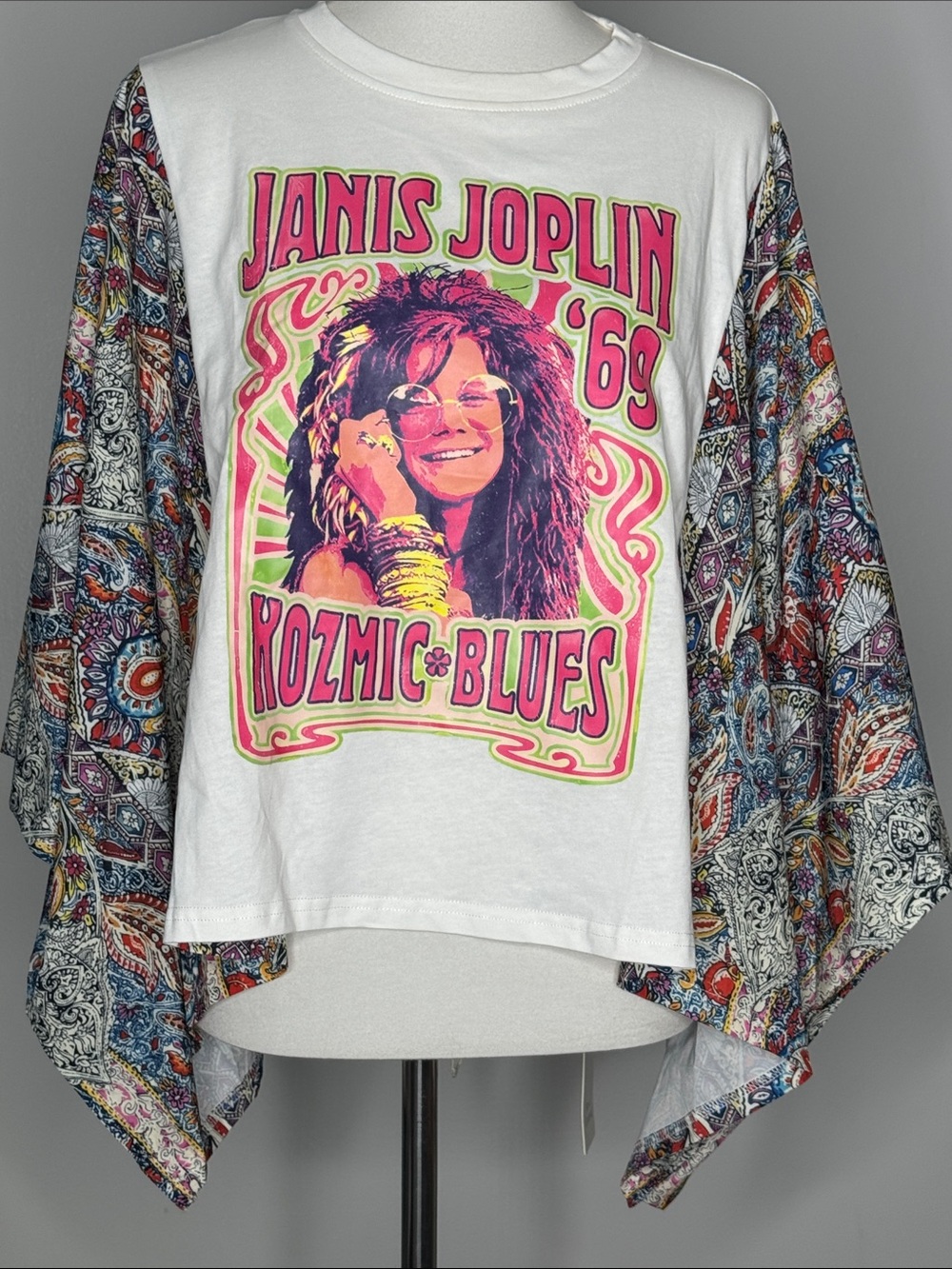 Janis Joplin '69 White Graphic Long Sleeve Tee with Boho Printed Sleeves